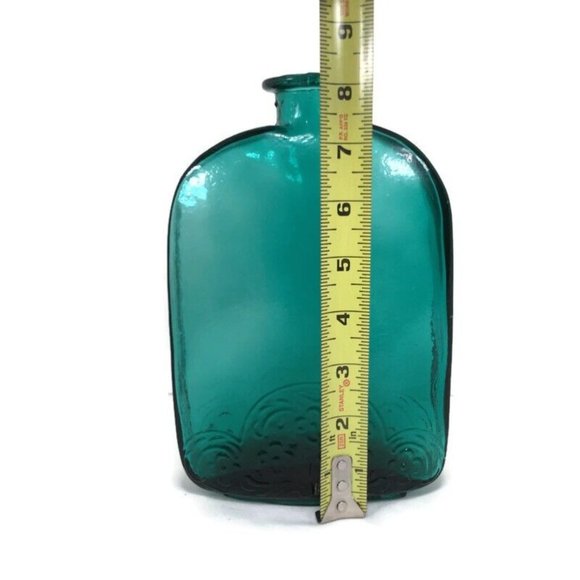 Vintage Vidrios de Levante Hand Blown Teal Glass Flask Bottle Filigree - Picture 6 of 8